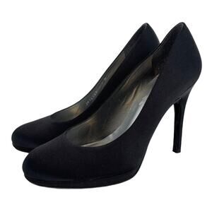 Stuart Weitzman Size 7 Black Satin Round Toe High Heel Shoes Pumps
